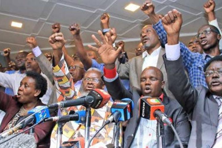 Universities Academic Staff Union (Uasu) members during a press conference at Meridian Hotel in Nairobi on January 17, 2020. PHOTO | FILE | NATION MEDIA GROUP