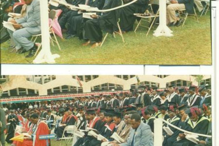 Graduands being part of the 1988 graduation ceremony at the Great court