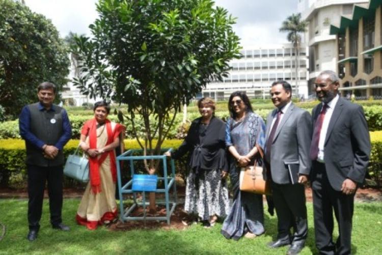 The team visiting the tree planted by the H.E. Narendra Modi, the prime minister of India during his visit to UoN